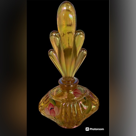 Fenton Gold Iridescent Art Deco Glass Hand Painted Perfume Bottle Signed - Picture 5 of 5